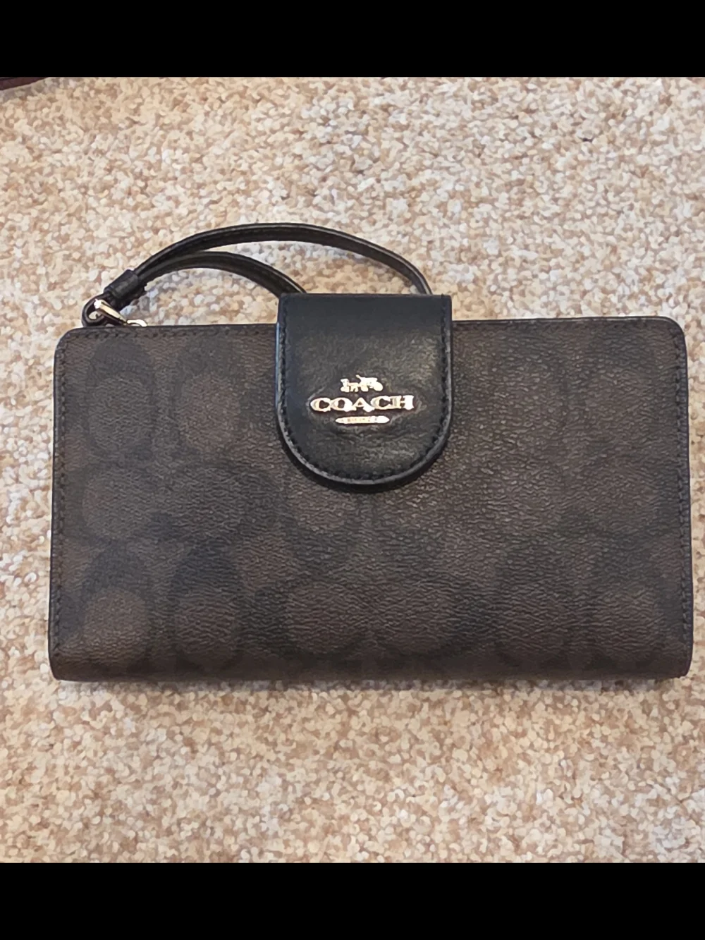 Coach Black Signature Canvas Wristlet Wallet with Gold Logo Accent